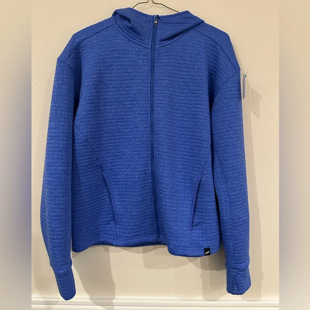 Brooks Notch Thermal Hoodie Blue Grid Fleece Running Jacket Women's Large - Picture 2 of 6